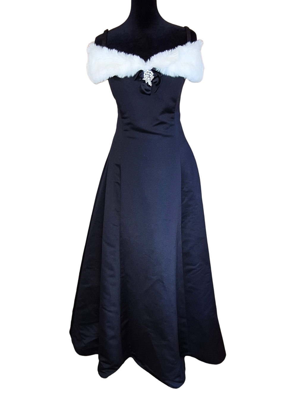 Scott McClintock Black Satin Faux Fur Trim Formal Gown Size 10 Vintage